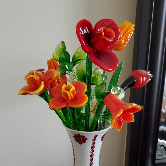 Murano Other - Murano Glass 9  Red Orange Flowers.